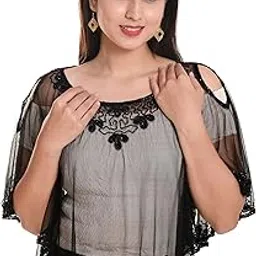 Women's Net Cape, Neck Poncho with Beaded Embroidery, Sleeveless,-picture-15
