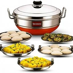 Sprucezone All-in-One Stainless Steel Idly Cooker Multi Kadai Idli And Dhokla Steamer & Idli Cooker With 5 Plates idli Cooker Multi Kadai Steamer with Copper Bottom Pot Set Includes, Big Size with 5 Plate (2 Idli, 2 Dhokla, 1Patra) (Copper Bottom 5 Plate)-picture-45