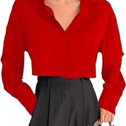 aahwan Women Polyester Regular Fit Solid Button Up Drop Shoulder Casual Crop Long Sleeve Shirt-picture-20