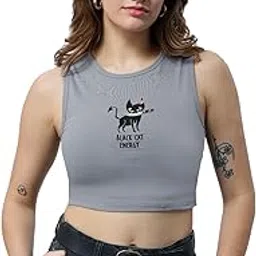 The Souled Store Tank Top: Black Cat Energy Women and Girls Round Neck Sleeveless Grey Embroidered Cotton Blend Slim Fit Tank Tops-image-99