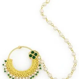 cz stone Bridal Gold Plated Nose Pin with Green Beads, and Pearl Chain-picture-13