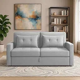 SOFALIZE - Modern Channel Tufted Sofa Cum Bed 2 Seater Flat Arms Decorative Pillow with Chesterfield Design Sofa Cum Bed for Living Room, Bedroom, Guestroom, Hallways. (Grey)-picture-13