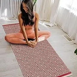 ALSTONIA Handmade Organic Natural Cotton Reversible Yoga Mat/Yoga Rug/Exercise, Workout, & Fitness Rug Made of 100% Cotton Designer Absorbent & Washable,Size- 22x60 Inches (Red Beige)-picture-12