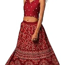 Women Brocade Floral Jaal Print Halter Neck Stylised Back Blouse & Flared Lehenga Festive Co-Ords Set-image-35