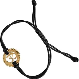 18k Gold Plated Om Bracelet in Silver On Free Size Adjustable Black Thread-image-2