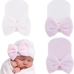 coolshef 3Pcs New Born Baby Cap Set – Soft Cotton Beanie Cap with Big Bow – Baby Caps for Born 0-12 Months for Girls – Comfortable, Stretchy and Adorable Infant Hats Multicolour image 1