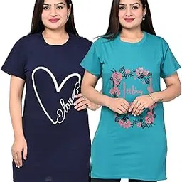 Women's/Ladies/Girls Printed Long Polo T-Shirts | Regular Fit Cotton T-Shirts/Tops/Long Night Wear & Daily Use T-Shirt for Women's & Girls | Combo (Pack of 2)-picture-13