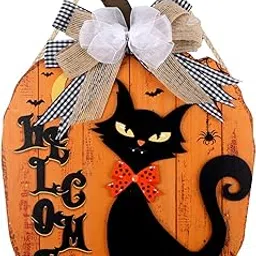KAlRNE Halloween Sign,Black Cat Wall Decor with Bow,Welcome Halloween Wooden Hanging Plaque,Spider Bat Moon Wood Print,Horror Themed Party Gift for Neighbor Friends Family Home Porch Farmhouse Decor-picture-30