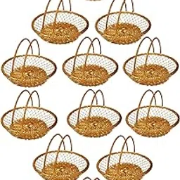 Metal Golden Round Shagun Basket Witth Handle For Wedding Trousseau Gifts Sweets Fruits Packing (10 Inch, Pack Of 12)-picture-29