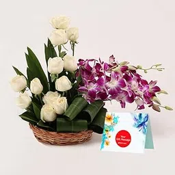 EG2i Fresh 17 White & Purple Orchid Rose Flowers Basket | Original Bunch Happy Birthday Gift | Couple Gift for Wedding, Fathers Day, Valentine Gifts Bukey | Real Bouquet Men Women| Same Day Delivery-image-22