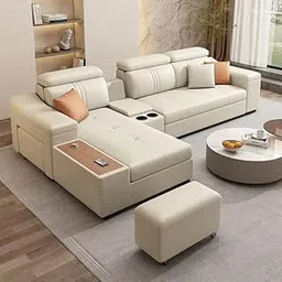 NESTIQUE - Zyra Smart L-Shape 4-Seater Sectional Sofa Set with Console, Cup Holders, Charging Station & 2 Ottomans – Premium Leatherette Finish - Beige Color image 1
