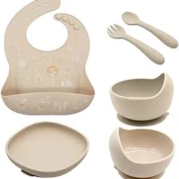 Les Enfants' Silicone 4 Pcs Feeding Set for Baby/Toddler/Kids, Includes Suction Plate, Non-Slip Base Bowl, Spoon, Bib with Catcher, 100% Food Grade Silicone, Microwave Safe, Easy Clean (Beige)-image-39
