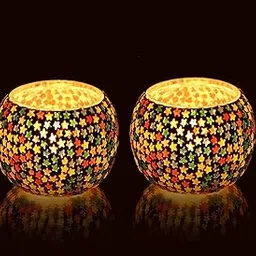 Mahganya Pack of 2 Turkish Mosaic Glass Votive Tealight Candle Holders - Decorations Items for Home Table Decor Gifts (Glass) (Multi)-picture-14