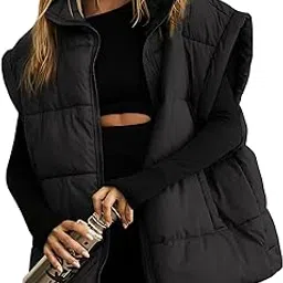Womens Puffer Vest Oversized Puffer Jacket Coat Sleeveless Stand Collar Lightweight Fall Vest for women 2023, Black, Small-image-24