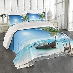 Ambesonne Palm Coverlet, Exotic Summer Themed Image of Wooden Boat on Beach in Sunny Day Tropical Island, 3 Piece Decorative Quilted Bedspread Set with 2 Pillow Shams, Queen Size, Red Green-image-22