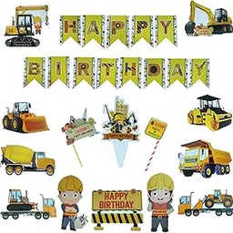 FI - FLICK IN 15 pcs Construction Theme Happy Birthday Decoration Set for Birthday Party with Vehicle Truck Cutout and Cake Toppers JCB Theme Party Supplies (Pack of 15, Multicolor)-picture-26