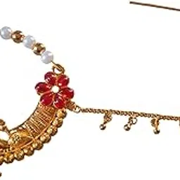 Traditional Pahadi Nath with Chain for Women & Girls Handcrafted Golden-Plated Nose Ring with Artificial Stones & Beads for Weddings, Festivals, and Special Occasions (Red)-image-29