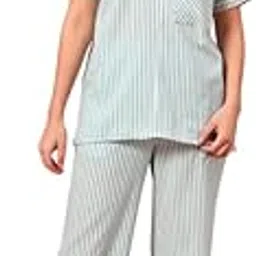 ameerah Women’s Striped Cotton Night Suit Set | Half Sleeve Shirt with Lace Detail & Pyjama | Soft, Breathable & Stylish Co-ord Sleepwear for Women & Girls-picture-10