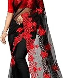 yashvi designer Women's Net Jaal Saree (Black, Red)-picture-35