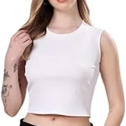 stitchflare Women's Sleeveless Cotton Crop Top, Mock Neck, Slim Fit, White-picture-22