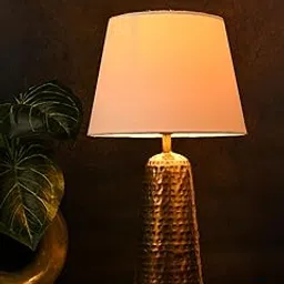 Golden Hammered V-Shaped Lamp with Taper Solid White Shade | Night Lamp | Reading Lamp | Home Decor Items | Galvanized Iron Bedside Table Lamp | Metal Handcrafted Lamp | Living Room Decor-image-66