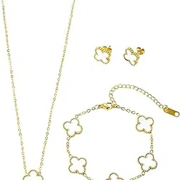 White Black Four Leaf Clover Necklace Earrings & Bracelet Jewellery Set for Women Adjustable Chain Anti Tarnish Latest Stylish Minimal Jewelry Sets Design Aesthetic Ideal for Gifting-image-42