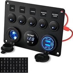 Kohree 5 Gang Rocker Switch Panel 12V Waterproof for RV Boat Car Vehicles Truck Marine, Toggle Led Switch Panel Digital Voltmeter Display Dual USB Charger Port DC-picture-61