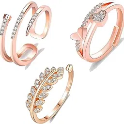 Rings For Women AD Studded Rose Gold Plated Heart Design Adjustable Finger Ring For Women Girls Anniversary Gift For Wife Love Gifts Jewellery Combo Rings of 3-image-89
