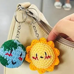 Handmade Crochet Earth and Sun Keychain Set, Cute Amigurumi Design, Yellow and Blue-picture-22