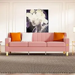 Holt Furniture Modern Velvet Sofa, 3-Seater Living Room Couch with Gold Legs, Pink with Orange Accent Pillows-image-55