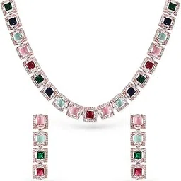 rubans Women's Rose Gold Plated Multicolour Zirconia Stone Studded Handcrafted Necklace Set.-picture-44