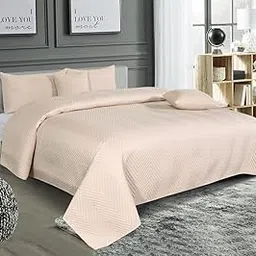 RD TREND All Weather 5 Pcs Glace Cotton Ultrasonic 280 Tc Solid bedsheet for Double Bed/Quilted Bed Cover/Bedsheet with 2 Pillow Case,2 Cushion Cover (Luxurious,Beige, 90X100 Inches)-image-25