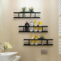 TARKAN Wall Mounted Metal Floating Shelves, Set of 3, Bathroom Storage Organiser and Kitchen Spice Rack (Black)-picture-30