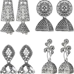 fashion frill Silver Oxidised Earrings Jhumka Set For Women Girls Stylish Traditional Pearl Small Jhumki Earings Pair Combo Of 4-picture-46