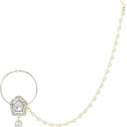 Gold Plated Traditional Ethnic Bridal Nose Ring/Nath Without Piercing with Pearl Chain Encased with Pearl Stone for Women/Girls-image-49