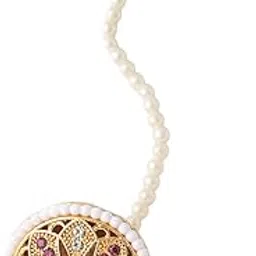FASHIONS Traditional Gold Floral Motif Circular Bell Tikka with White Beads Green Stones Embellishments Maang Tikka Hair Accessory for Women & Girls-image-12