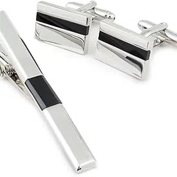 peluche Debonair Silver Colored Cufflink And Tiepin Set For Men (Black-Silver)-picture-23