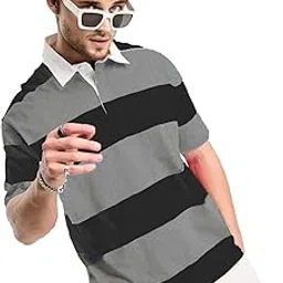 Men's Stylish Polo Neck Striped Half Sleeve T-Shirt (Black, Grey)-picture-15