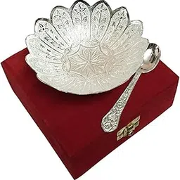 White Box German Silver Lotus Bowl with Spoon with Royal Velvet Gift Box Showpiece for Home Décor Showpiece (13 X 13 6 cm, Silver Plated)-picture-11