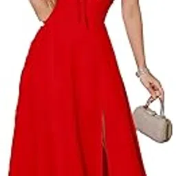 mulvari Solid Lace Up Backless Ruched Boning Spaghetti Strap Slim Fit Long Cami Dress for Women's & Girl's-picture-38