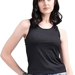 evelvie Women's Padded Solid Round Neck Ribbed Knit Tank Top, Sleeveless Slim Fit Stretch Top, Activewear Top for Gym, Casual Outings, Holidays & Travel-picture-55