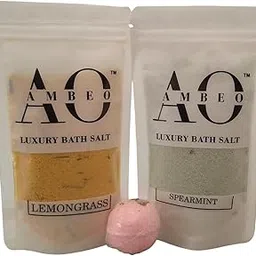 AMBEO COMBO No. 2 of Bath Salts for Luxurious Bath Experience, Relaxation, Body & Foot Spa, Muscle and Pain Relief with 84 Natural Mineral-Rich Salt, Aura Cleansing (Pack of 2 - LEMONGRASS & SPEARMINT 150gm each) with 1 FREE BATH BOMB for Luxurious Nourishing Bath, Manicure, Pedicure, Women/Mother's Day-image-83