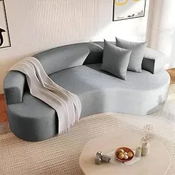 Three Seater Curved Modern Sofa, Velvet Upholstery, Decorative Throw Pillows, Contemporary Design for Living Room Office Hotels. (Grey)-image-5