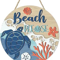 Bolisom Beach Summer Front Door Sign, Coastal Sea Turtle Coral Wood Door Hanger Outdoor Outside Porch Decor, Please Nautical Ocean Conch Starfish Spring Wooden Wreath Indoor Wall Hanging Decoration-picture-38