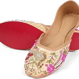 Kajal Foot Wear Dream Women's Traditional Punjabi Jutti – Handcrafted Embroidered Mojari with Multicolor Beads, Pearls & Floral Design – Ethnic Flat Slip-On Footwear UK 3-picture-21