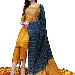 ethnicjunction Women's Embroidered Cotton Silk Straight Kurta Pant with Chanderi Ombre Dupatta-picture-26