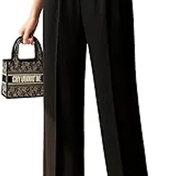 SAJZ Women's High Waist Wide Leg Trousers | Elegant Office Wear Pants with Button Detail | Formal & Casual for Women Black-picture-32