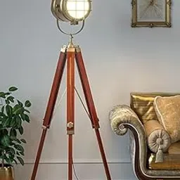 OVERSEAS MART Brass Antique Gold 5ft Height Adjustable Tripod Floor Lamp Standing Wooden Brown with Moveable Spotlight (Wire Included) E27 Bulb Holder Home Decor Light (Pack of 1)-image-0