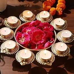 R Ayurveda Copper Metal Decorative Metal Diya Traditional Diya Urli Tealight Holder Golden Bowl for Floating Flowers Home,Office Wedding Decor (Size 10 Inches)-image-8