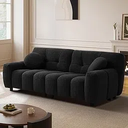 Boucle Sofa Couch, 72.8" Modern Comfy Upholstered Love Seat 2 Seater Tufted Cloud Couch, Cozy Teddy Loveseat Sofa with 2 Accent Pillows for Living Room Apartment Bedroom, Black image 1